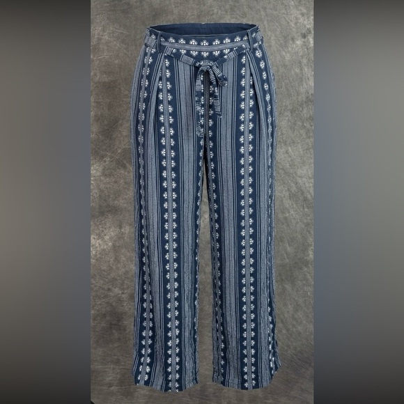 BeBop Pants - Bebop Blue & White Boho Wide Leg Pants XL | Tie Waist Pockets Rayon Summer